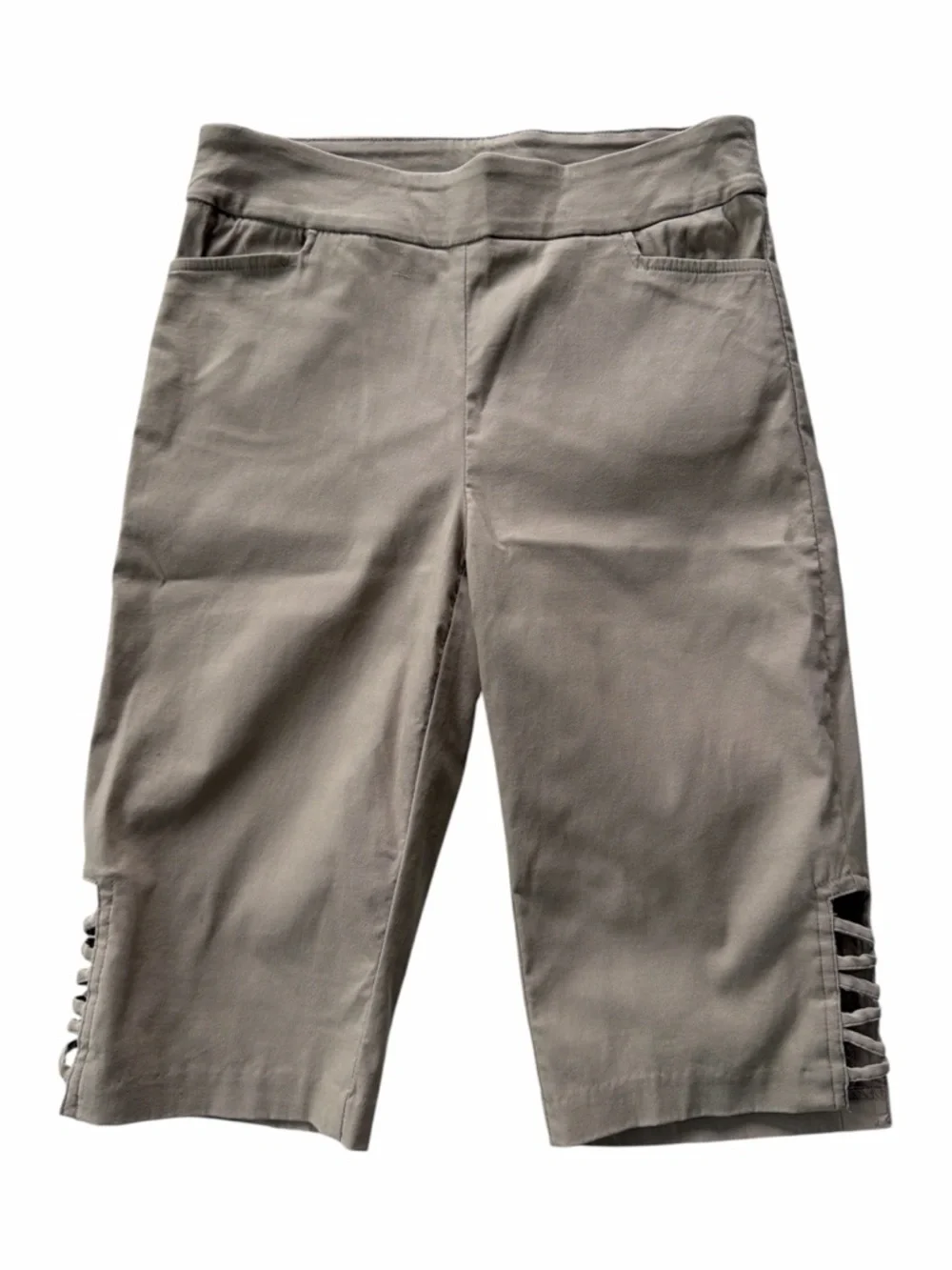 Lauren Riley Cropped Pull On Pants Side Lattice Detail Stretch Tan Women Small